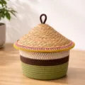 Woven storage basket with lid, cotton rope and straw handmade decorative container for home. - Dia 24.5*Basket H 13.5*Total H 23.5 / Grass Green Base - Gold Edge Colorful Weave