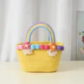 Woven cotton rope handbag, yellow beach tote bag with rainbow handle and colorful pom poms. - L / Yellow