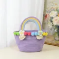 Purple cotton rope woven handbag with colorful pompoms and floral decoration for beach. - L / Purple