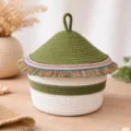 Cotton rope storage basket with lid, green and white striped organizer with colorful fringe. - Dia 24.5*Basket H 13.5*Total H 23.5 / White Base - Colorful Tassels
