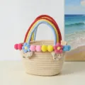Colorful cotton woven handbag with pom poms and flower decor for beach and daily fashion. - S / Beige