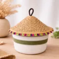 Woven storage basket with straw lid and colorful tassels, cotton rope desktop organizer. - Dia 24.5*Basket H 13.5*Total H 23.5 / White Base - Colorful Tassels