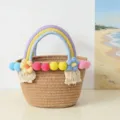 Colorful woven handbag with pom-poms and flowers, stylish beach straw bag for women. - S / Khaki