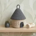 Panier de rangement tissé en corde de coton mignon forme de maison organisateur de bureau - Couvercle Gris Foncé Base Beige