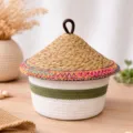 Handmade cotton rope woven storage basket with lid, straw cone cover and bohemian trim. - Dia 24.5*Basket H 13.5*Total H 23.5 / White Base - Ethnic Woven Edge