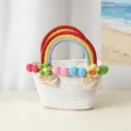 Handmade woven cotton rope handbag with colorful rainbow handles and cute pompoms for beach summer. - S / White