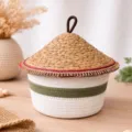 Woven storage basket with straw lid, cotton thread handcraft container for gift packaging. - Dia 24.5*Basket H 13.5*Total H 23.5 / White Base - Classic Red Edge