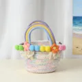 Colorful cotton rope woven handbag with pom poms and flowers, stylish beach tote bag. - S / White with Colored Lines