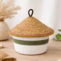 Cotton woven storage basket with straw lid, green stripe and colorful braided trim for gifts. - Dia 24.5*Basket H 13.5*Total H 23.5 / White Base - Gold Edge Colorful Weave