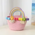 Pink woven cotton rope handbag with rainbow handles, cute pom-poms and floral decor for beach. - S / Pink