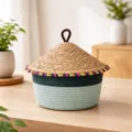 Woven storage basket with straw lid and colorful tassels decorative home organizer bin - Dia 24.5*Basket H 13.5*Total H 23.5 / Cyan Base - Colorful Tassels