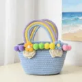 Cotton rope woven handbag with colorful pom poms and rainbow handles, stylish beach tote for women. - S / Blue