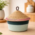 Cotton woven storage basket with straw lid, handmade desktop organizer box in green variant. - Dia 24.5*Basket H 13.5*Total H 23.5 / Cyan Base - Ethnic Woven Edge