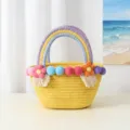 Yellow Woven Cotton Rope Handbag with Rainbow Handle and Colorful Pom-Poms Beach Bag SKU - S / Yellow