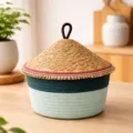 Cotton rope woven storage basket with straw lid, green and beige two-tone organizer box. - Dia 24.5*Basket H 13.5*Total H 23.5 / Cyan Base - Classic Red Edge