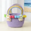 Cute purple woven handbag with colorful pompoms and rainbow handles, stylish beach straw bag. - S / Purple