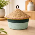 Woven cotton rope storage basket with straw lid, handmade desktop organizer for gifts. - Dia 24.5*Basket H 13.5*Total H 23.5 / Cyan Base - Gold Edge Colorful Weave