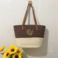 Handmade woven straw tote bag cotton rope shoulder handbag for women beach vacation - Embroidered Bag (QJ) / Dark Coffee And Cream White