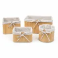Panier de rangement tissé en bambou style pastoral avec doublure en tissu et joli nœud. - Ensemble de Quatre Pièces en Bambou Couleur Naturelle