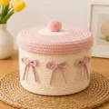 Süßer Baumwollseil Aufbewahrungskorb mit Deckel und rosa Schleife Tisch Organizer Box - 22*15 / Beige Basis & Rosafarbener Deckel - Rosa Schleife
