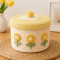 Süßer Baumwollseil Aufbewahrungskorb mit Deckel, Sonnenblumen bestickter Tisch Organizer - 22*15 / Beige Basis & Gelber Deckel - Gelbe Sonnenblume