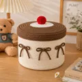 Süßer Baumwollseil Aufbewahrungskorb mit Deckel, Kuchenform Schreibtisch Organizer für Kosmetik. - 22*15 / Beige Basis & Kaffeebrauner Deckel - Kaffeebraune Schleife