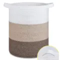 Panier a linge en corde de coton tresse tricolore avec poignee, variante de rangement - 40x55cm / Blanc et Marron à Motifs Tricolore
