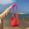 Sac à épaule tricoté pour femme élégant sac bandoulière tissé avec belle chaîne - Style Bandoulière Originale / Rouge Orangé