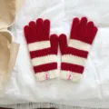 Cozy red and white striped knitted gloves for women winter fashion warm touchscreen outdoor daily wear - 12x23cm-F004 / Red