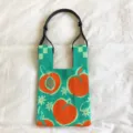 Cute Japanese style knit tote bag featuring cute peach pattern, green woven shoulder bag. - With Shoulder Strap Style / Verdant