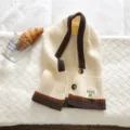 Cozy knitted winter hood scarf set for kids or pets, stylish warm button-up cardigan design. - Integrated Hooded Scarf / Ivory