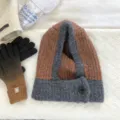 Korean style colorblock knit balaclava hat and scarf two-in-one winter warm woolen headgear - Dark Brown