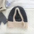 Grey and beige knitted balaclava hat scarf two in one winter warm wool neck warmer hood detail. - Black