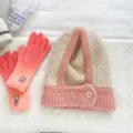 Cozy color-block knitted balaclava hat and warm gloves set, soft winter fashion accessory. - Pink