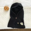Zwarte gebreide bivakmuts winter warme capuchon sjaal effen kleur muts detail weergave - Eendelige Balaclava / Zwart