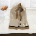Knit hooded scarf winter warm balaclava cute children beanie hat with buttons beige - Integrated Hooded Scarf / Khaki