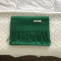 Primer plano detallado de bufanda de lana verde con textura suave y flecos finos. - Verde