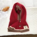 Knitted hooded scarf detail shot, red and brown colorblock winter warm balaclava neck warmer. - Integrated Hooded Scarf / Burgundy