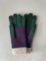 Detailed close up of winter color block knitted gloves, warm thermal stretch mittens. - Plaid Green / 21x9cm