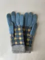 Winter warm knit gloves with trendy blue and yellow plaid pattern and cozy ribbed cuffs. - Blue / 21x9cm