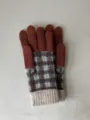 Winter warm knit gloves with color-blocking plaid design, cozy and thick for cold weather. - Burgundy / 21x9cm