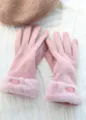 Pink winter thermal gloves with cute plush fur cuffs and soft knitted fabric, detailed close-up shot. - Pink