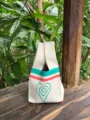 Handcrafted knitted tote bag with cute heart pattern and colorful stripes for summer. - Regular Fit / Ivory