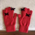 Rote Damen Winter Strickfünffingerhandschuhe mit niedlichen schwarzen Schleifen warm gut. - 21x11cm-U203S / Rot