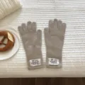 Nahaufnahme Detailansicht von warmen Strick Touchscreen Handschuhen mit Manschettenlabel Stil. - 28x11cm / Dunkelbeige