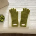 Cozy green fuzzy knit five-finger gloves for women winter warmth style flat lay display. - 27X10CM-W207MD / Olive Green