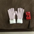 Pink knit gloves with white fluffy cuffs, thick warm winter thermal touch screen knit gloves. - 30x11cm / Pink