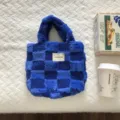 Blue plush checkerboard handbag winter cozy fluffy tote bag for women stylish daily casual purse - 27x26x11cm / Blue