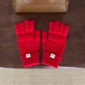 Detailaufnahme roter Winter-Strick-Waffelmuster-Fünffingerhandschuhe mit Bündchenetikett. - 29x12cm / Rot