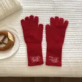 Rote Wollmischung Strickhandschuhe mit Etikett, warme einfarbige Fünffinger Winterhandschuhe. - 28x11cm / Rot
